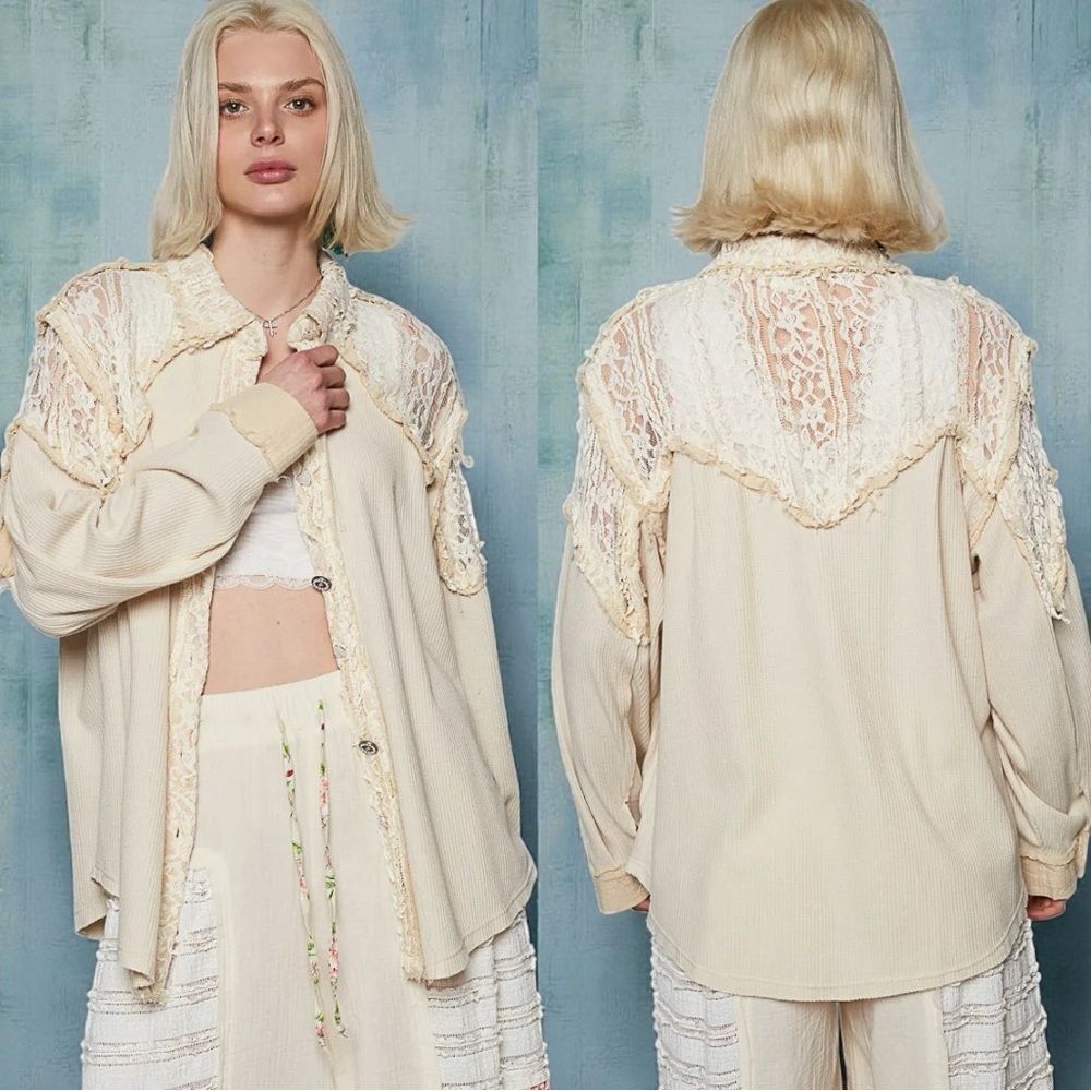 POL Ivory Lace Patchwork Shacket Boho Cottagecore Festival Layering Jacket L NEW
